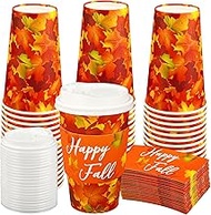 48 Pcs Fall Disposable Coffee Cups 16oz Maple Leaf To Go Hot Coffee Cup with Lids and Sleeves Thanks