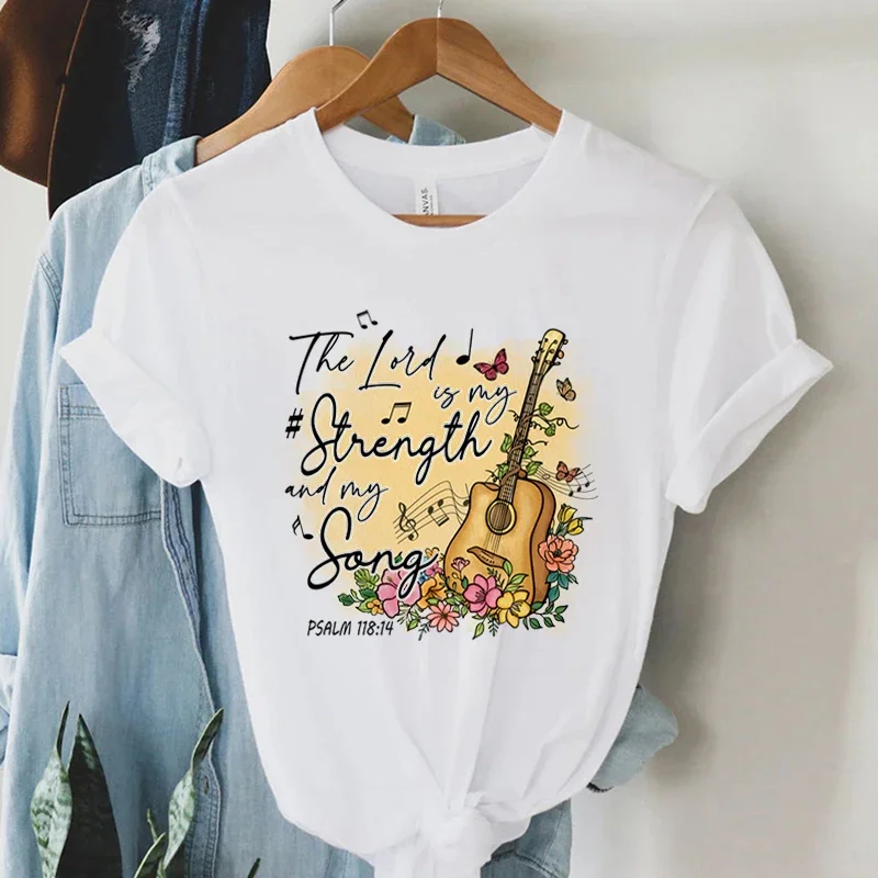 Women Vintage Boho Guitar Print Gospel Music T-Shirt Summer Christian Clothes Bible Verse God Worshi