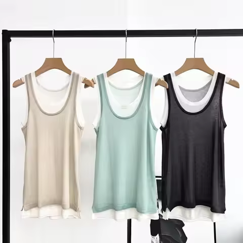 Naizaiga silk linen blending U-neck Fake 2-piece vest summer Women sleeveless girl pullovers sweater