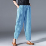 【มีไซส์ใหญ่】Plus Size S-2XL Womens Solid Color Ankle Pants Elastic Waist Casual Cotton&amp;Linen Harem Ankle Trousers