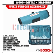 BOSCH Multi Purpose Accessories Set - Wood / Metal / Masonry Drill Bits &amp; Wall Plug Accessories Set (with Foldable Bag)
