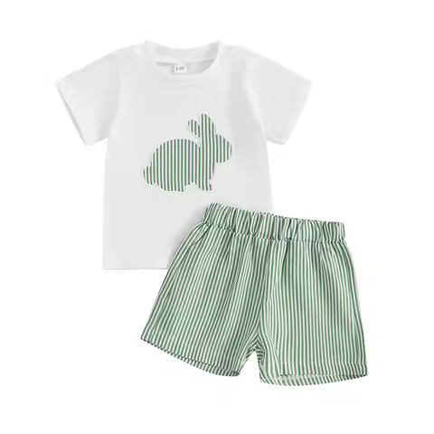 Baby Boy Easter Outfit Bunny Embroidery Short Sleeve T-Shirt Top Stripe/Plaid Shorts Set 2Pcs Toddle