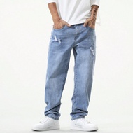 ผู้ชายกระเป๋าเอียง Ripped กางเกงยีนส์ขาตรง Baggy ยาวล้าง Jean Cargo Plain Blue Going Out Street Wear