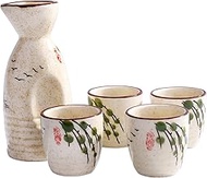 Traditional Japanese 5-Piece Ceramic Sake Set with Serving Pot and 4 Drinking Cups, Retro Style (LS)