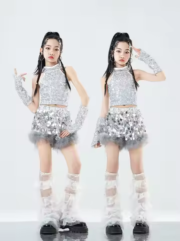 Girls Silver Sequin Hip Hop Costume Crop Top Sequin Top Short for Kids Jazz Clothes Street Dance Sta