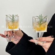 Light Luxury Embossed Flower Goblet Square Glass Household Sip Glass Small Wine Glass Shochu Glass H