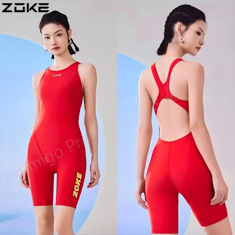 Zoke Red Women's Competition Swimwear Knee Length Resistant Training Swimsuit Quick Dry Breathable K