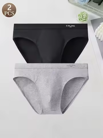 2PCS Men's Cotton Briefs Soft Basic Underwear Mid Waist Comfort Casual Underpants Solid Color Knitte