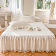（6 Color）White Bed Sheet Cover with Lace Princess Style Bed Skirt Pure Color Wedding Bridal Bedsheet