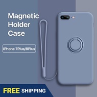 Luxury iPhone 7 Plus 8 Plus Case Liquid Silicone Case Metal Holder Lanyard iPhone 7 8 Plus Ring Stand Holder Cover Rope