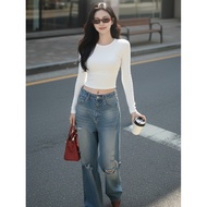 Dajee ADC031 Basic Crop Top Long Sleeve T-Shirt in Comfortable 4-Way Stretch Cotton Fabric
