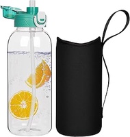 2L Glass Water Bottle with Straw and Neoprene Sleeve 2 Litre BPA Free Large Glass Drinking Bottle Le