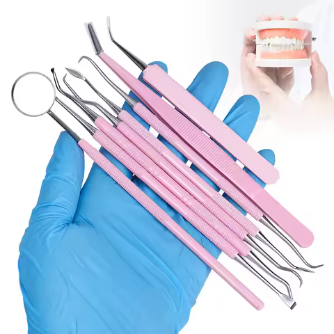 8Pcs Dentist Oral Tools Cleaning Kit Pink Mouth Mirror Tweezers Double Probe Sickle Hoe Pick Scaler 