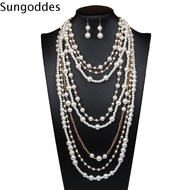 SUNGODDES Pearl White Pearl Choker Imitation Pearl Multi-layer Pearl Earrings Choker Necklace Exagge