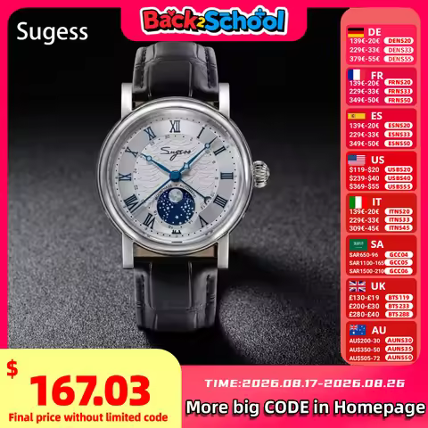 Sugess Watches for Men Automatic Mechanical Watch Moonphase Tianjin ST2108 Waterproof Date Hands Sap