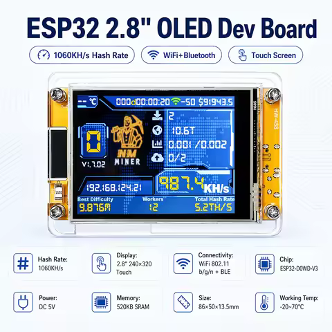 ESP32-D0WD-V3 Hash Calculation Board 2.8" 240*320 Touch Screen 1060KH/s Max Hashrate WiFi Bluetooth 