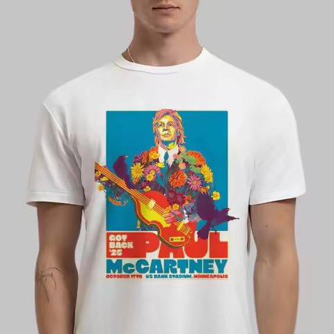 Paul McCartney Minneapolis 2025 Concert T-Shirt Psychedelic Floral Bird Graphic Casual Tee for Rock 