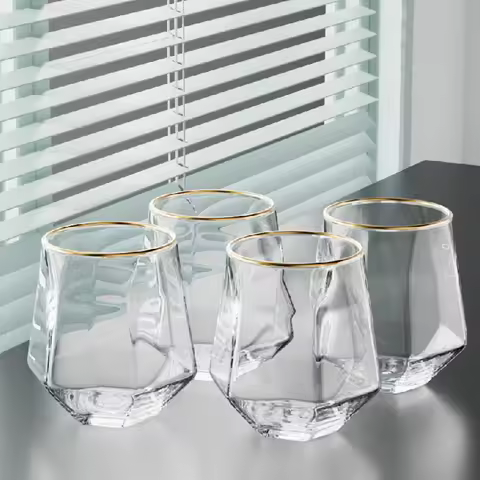 320ml 4pcs Set Hexagonal Cup Wine Utensils Personalized Unique Cold Drink Cup Golden Edged Glass Cup