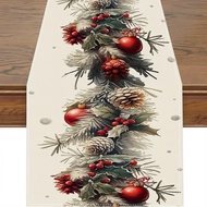 1pc 100% Line Table Runner - Festive Merry Christmas Table Runner - Buffalo Plaid With Holly, Berrie