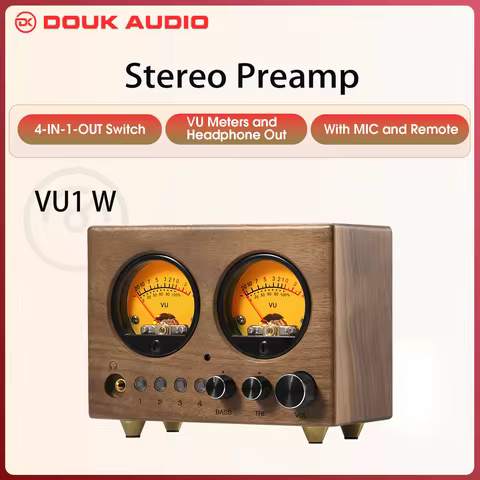 Douk Audio VU1-W 4-way Audio Switcher 4-IN-1-OUT Stereo Preamp Home Selector VU Meter with Remote Co