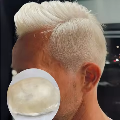Durable 0.06mm Thin Skin 60R# White Platinum Grey Men Toupee Old Man Ombre Blonde Wig Natural Hairpi