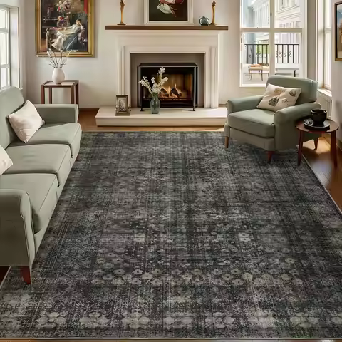Vintage Washable Area Rug 8x10, Non Slip Low Pile, Stain Resistant Indoor Carpet for Living Room, Fl