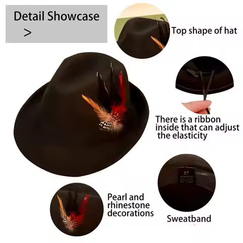 Casual Dress Up Feather Decors Fedora Hat Fedora Hat Panama Bucket Hat Woolen Vintage Jazz Hat Cowgi
