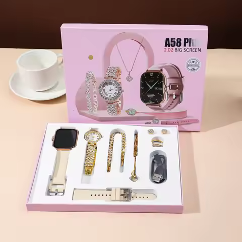 New A58 Plus smartwatch women's jewelry set with diamond inlay 8-in-1 Bluetooth sports watch.