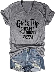 Girl's Trip Cheaper Than Therapy Shirt for Women Letters Printed Funny Girls Trip T Shirts Summer Va