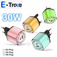 USB+Type C Dual Port Crystal Transparent Shell Charger 30W QC3.0 Fast Charging Wall Travel Plug EU/U