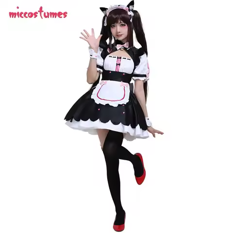 Women's Nekopara Chocola Cosplay Costume Maid Dress with Apron Petticoat Cat Ears Tail
