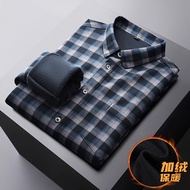 Fat guy winter thick velvet warm long sleeved shirt Fat guy knitted elastic checkered shirt Business