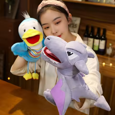 28cm Four Cartoon Animals Plush Puppet Duck Polar Bear Leopard Dinosaur Tell Story Interactive Plush