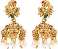 Traditional Indian Handcrafted Peacock Design Antique Gold Plated Kundan Polki Temple Jewellery Jhumka Earring For Women (SJ_1922), Medium, Brass, Cubic Zirconia