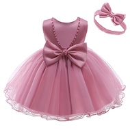 1-5 Years Old Princess Dress for Baby Girl with Headband 2pcs Set Pearl Big Bow Backless Tutu Skirt Infant Girl Terno Newborn Birthday Wedding Ball Gown