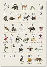 Retro Metal Tin Sign 8 X 12 Inches Russian Illustrated Alphabet, Vintage Animal Illustrations Cyrill