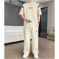 【Hatton Gutto COD】Round neck short sleeved T-shirt men's loose pants set two-piece set