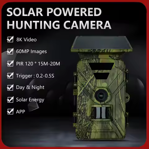 Solar Trail Camera 8K 60MP WiFi Wildlife Hunting Camera IP66 Waterproof Outdoor Night Vision Game Ca