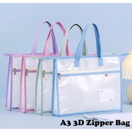 A3 3D Double Layer Mesh Zipper File Bag PVC Waterproof Transparent Stationery File