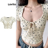 Lovito เสื้อครอปลําลอง ลายดอกไม้ สําหรับผู้หญิง L62ED029 (แอปริคอท) 11.14