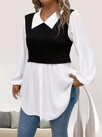 Plus Size 1XL-5XL Women's Colorblock Polo Collar Blouse Casual Long Sleeve Blouse Button Loose Casua