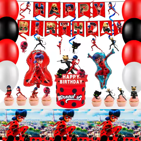 35 Pcs Miraculous Ladybug Birthday Party Supplies-Ladybug Balloons Tablecloth Banner etc Miraculous 