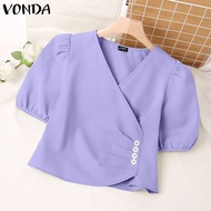 VONDA ผู้หญิง Retro เสื้อเบลาส์แข็งอเนกประสงค์ Simple Plain V คอพัฟแขนสั้น Pullover (เกาหลี Causal) #2