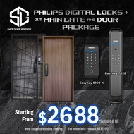 Philips Digital Lock Bundle Package with 3x7ft Solid Laminated Main Door and Mild Steel Gate 702E + 5100-K