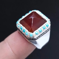 男士也門瑪瑙戒指 深棕色 寶石紅 亞姆尼瑪瑙戒指 男士天然瑪瑙戒指