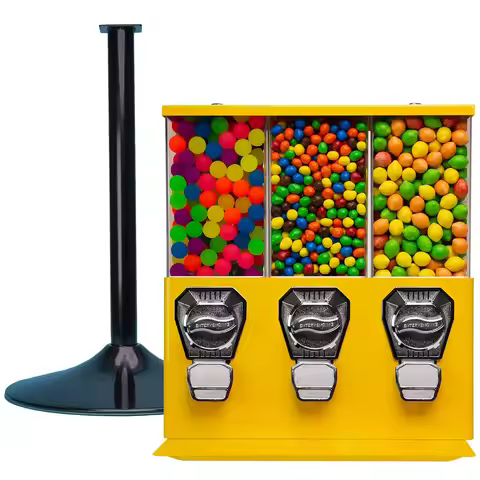 Commercial Gumball and Candy Machine with Stand - Yellow Triple Vending Machine with Interchangeable