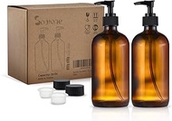 Soul One 16oz Amber Glass Hand Soap Dispenser, 2 Pack - Thick Pump Bottles for Bathroom, Kitchen, Co