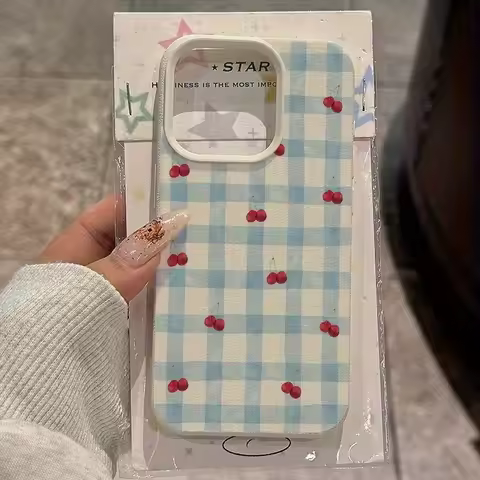 A Red Cherry Plaid Patterned Lychee-Textured Phone Case, Suitable for iPhone 17, 16, 15, Plus, Pro, 