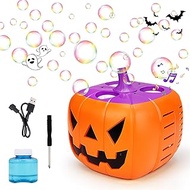 Halloween Bubble Machine with Bubble Solution,Rechargeable Pumpkin Bubble Machine with Lights Firewo