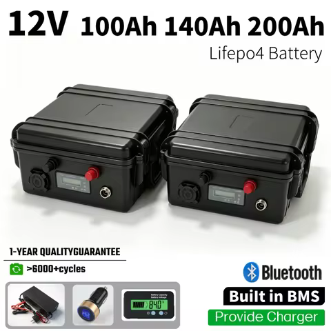 12V 100Ah 140Ah 200Ah LiFePO4 Battery 2560Wh Lithium Battery Grade A Bluetooth BMS 6000+ Cycles IP56